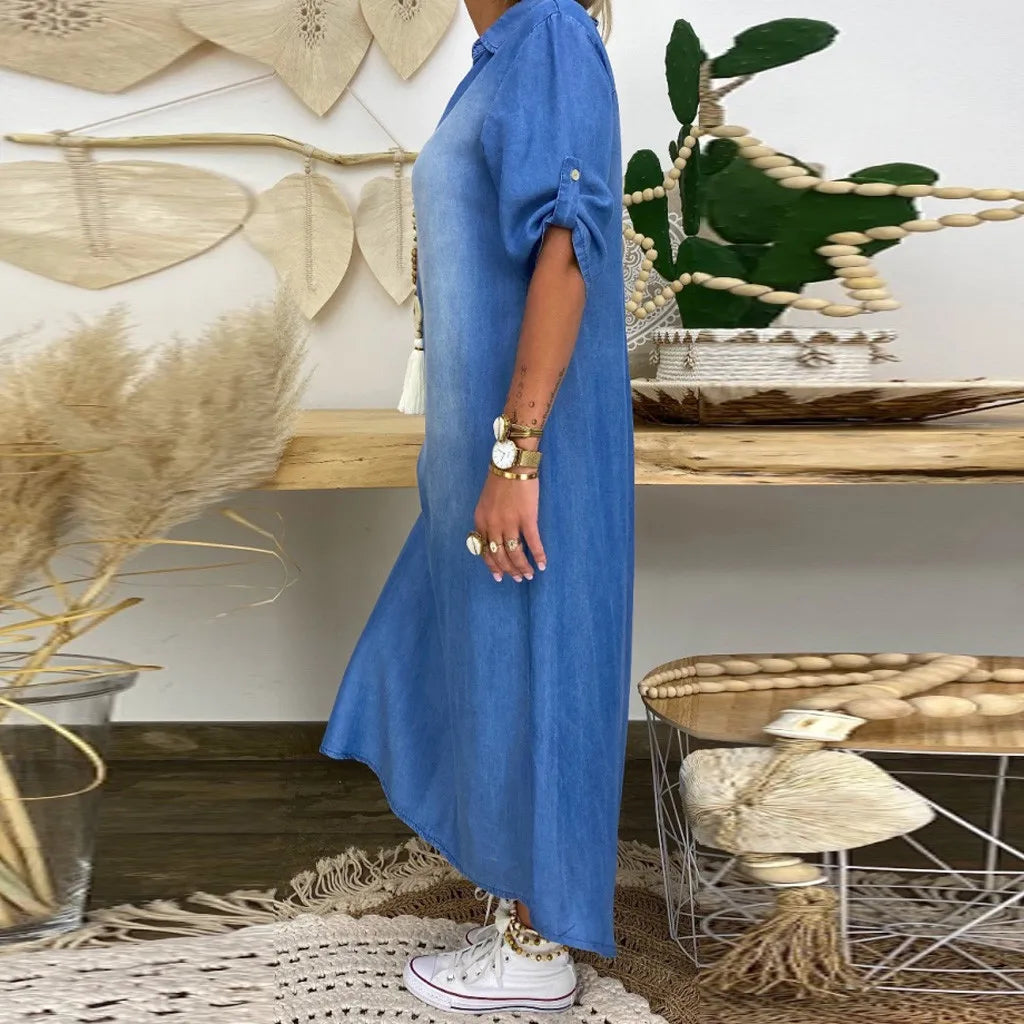 Amira™ | Robe Longue en Denim Décontractée