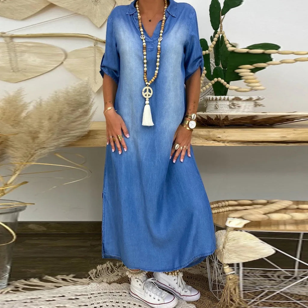Amira™ | Robe Longue en Denim Décontractée
