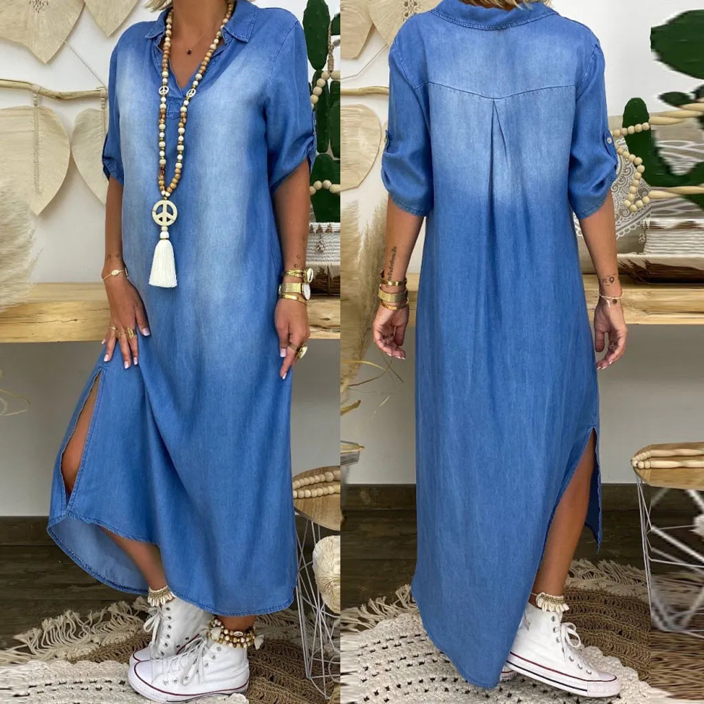 Amira™ | Robe Longue en Denim Décontractée