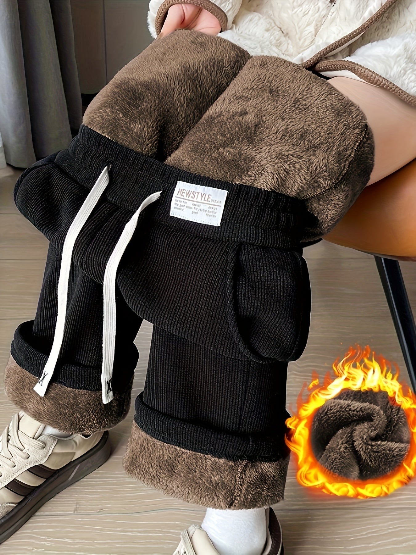 Cerelia™ | Pantalon large côtelé doublé polaire