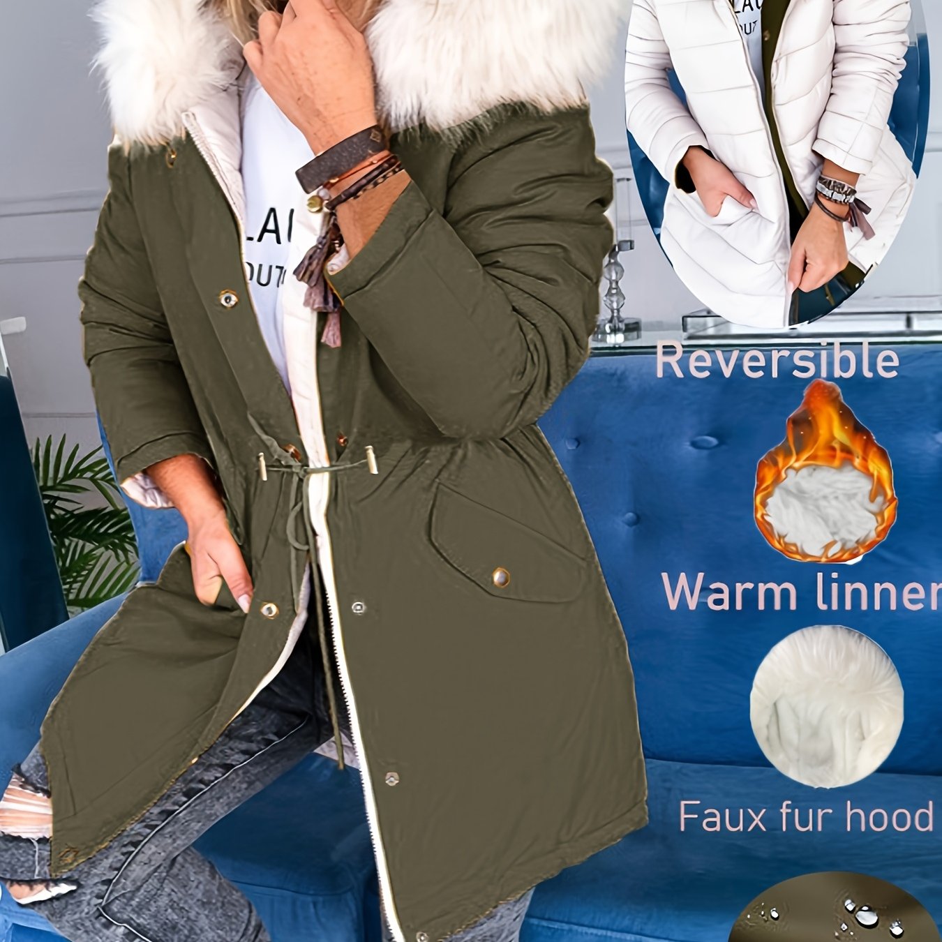 Olivia™ | Manteau parka réversible capuche fausse fourrure