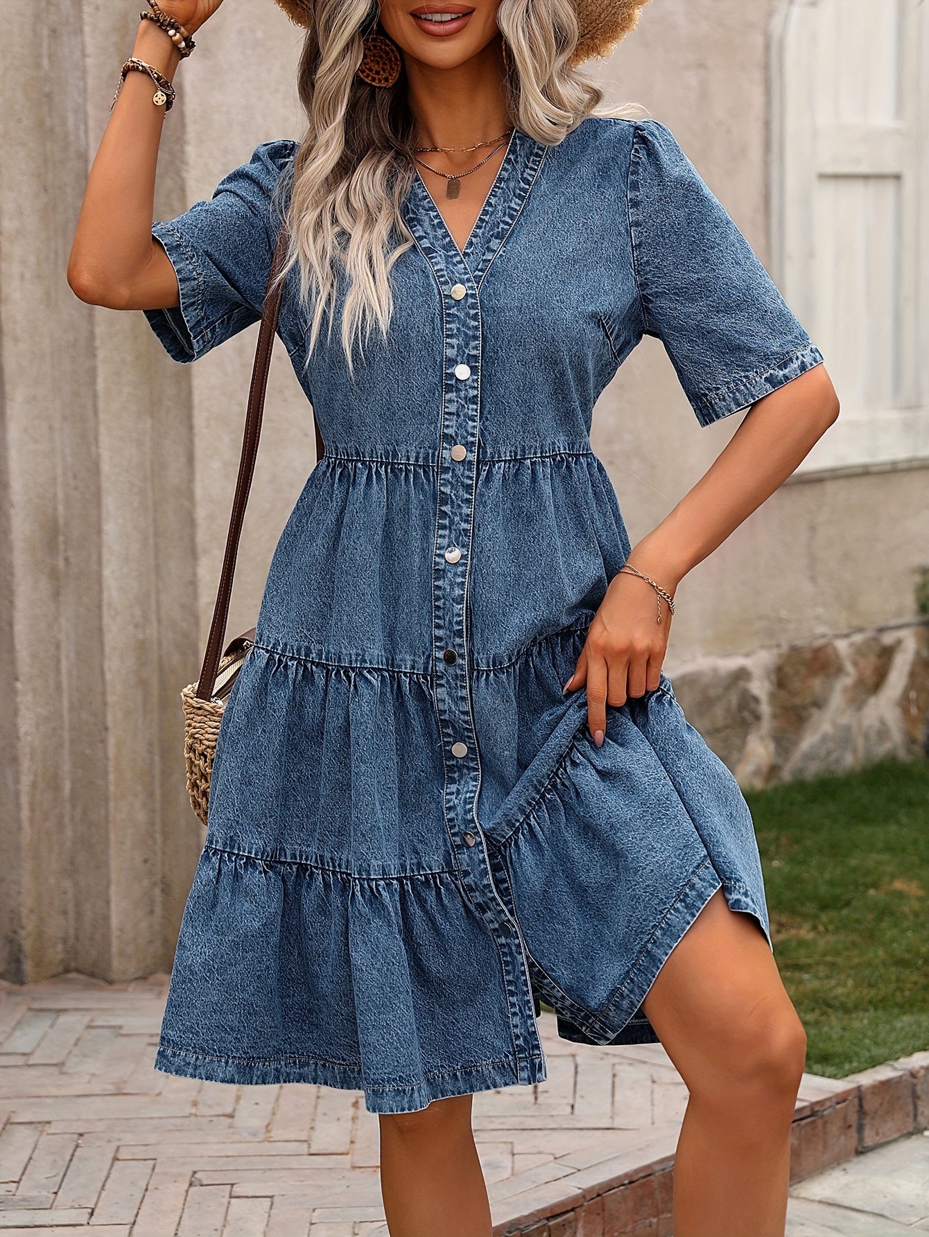 Elyna™ | Robe Denim Courte Volants
