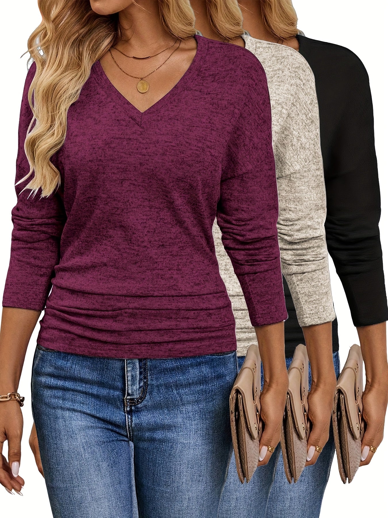 Maura™ | T-shirt V-Neck Doux et Extensible | Pack de 3 Couleurs