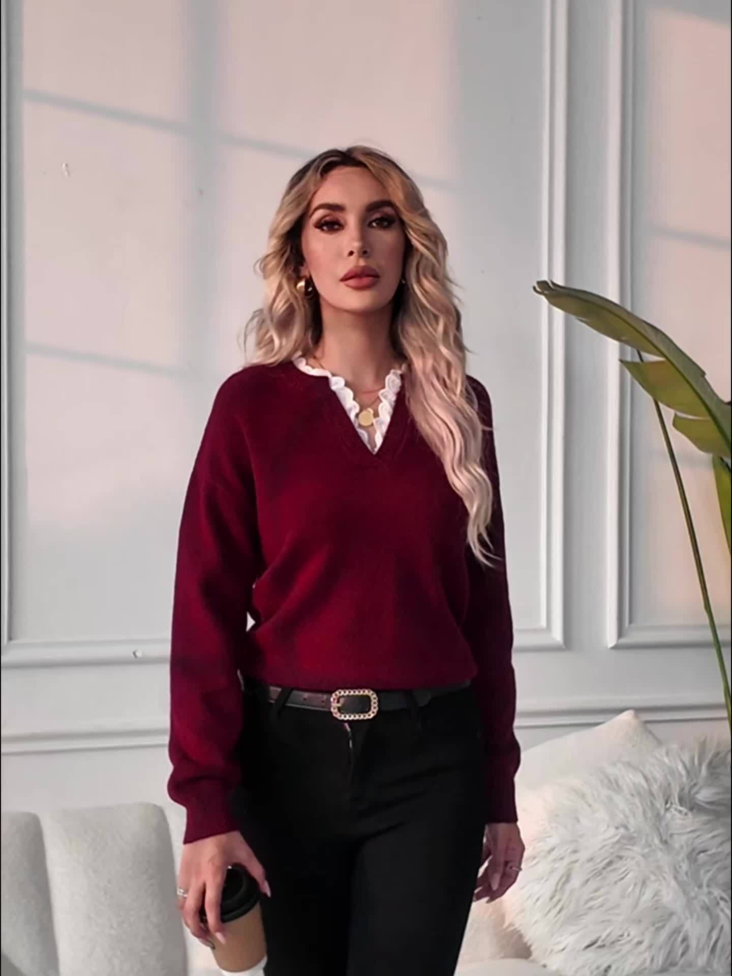 Yasmine™ | Pull en V avec dentelle douce et féminine