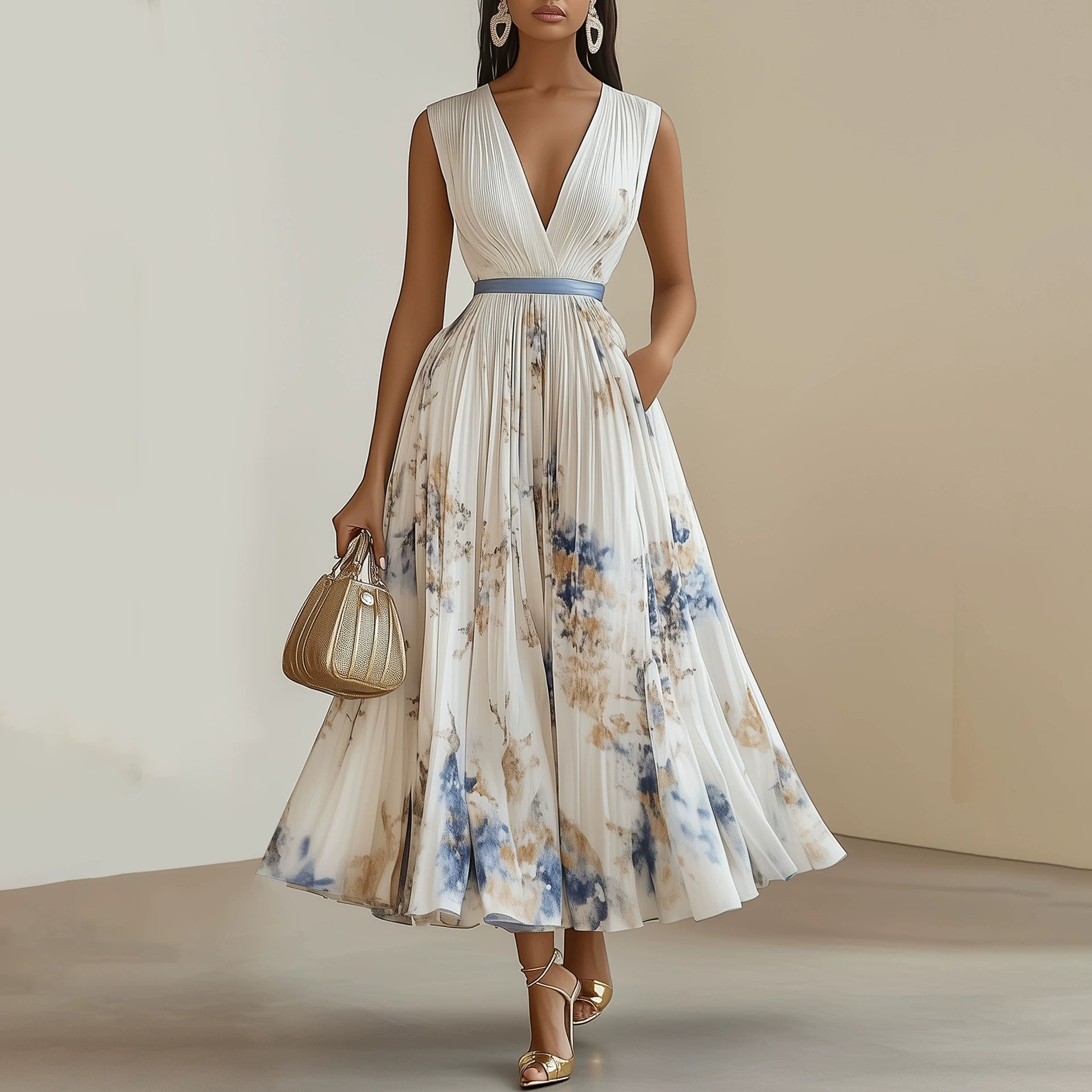 Riham™ | Robe Floral Midi A-Line Sans Manches