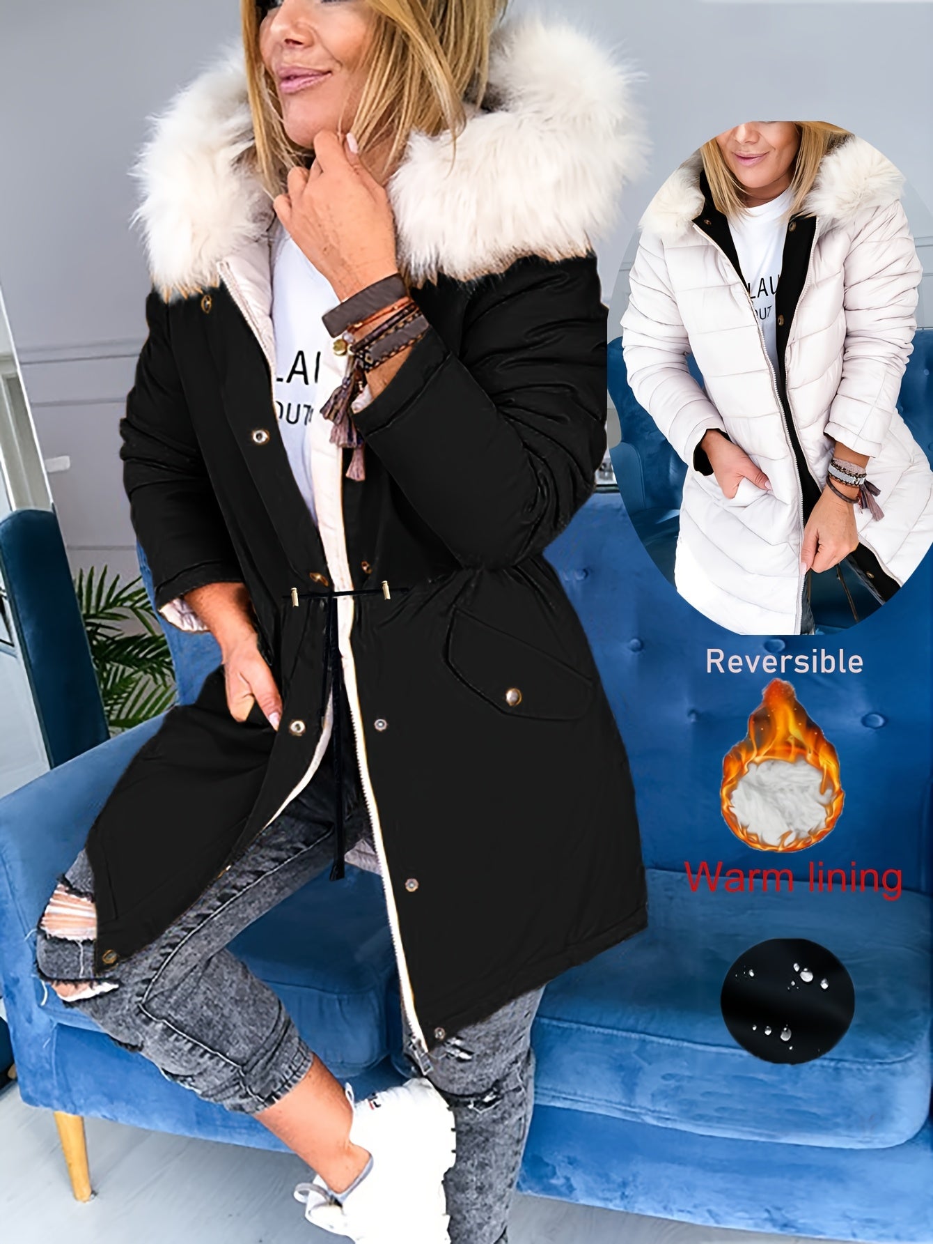 Olivia™ | Manteau parka réversible capuche fausse fourrure