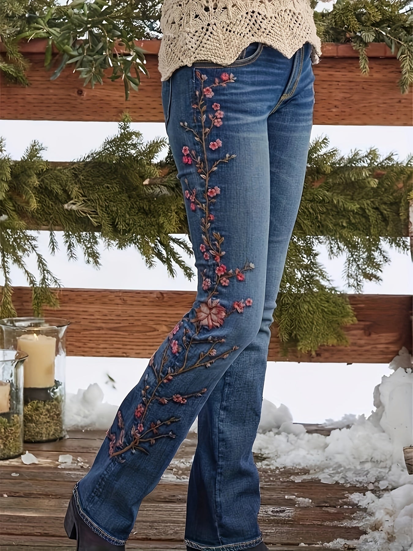 Lenora™ | Jean Vintage Élégant avec Broderie Florale