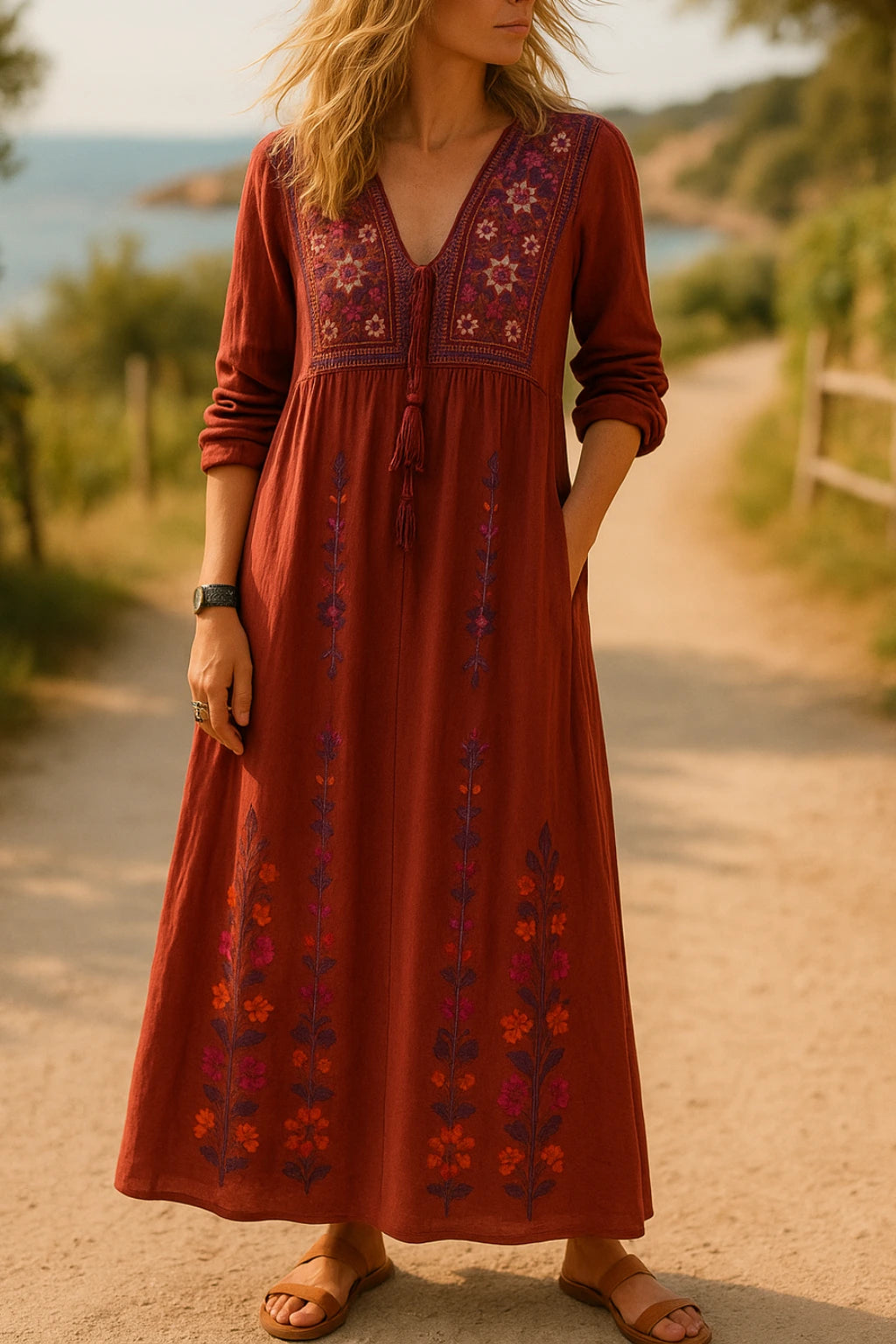 Mosy™ | Robe Bohème Brodée Élégante à Col V