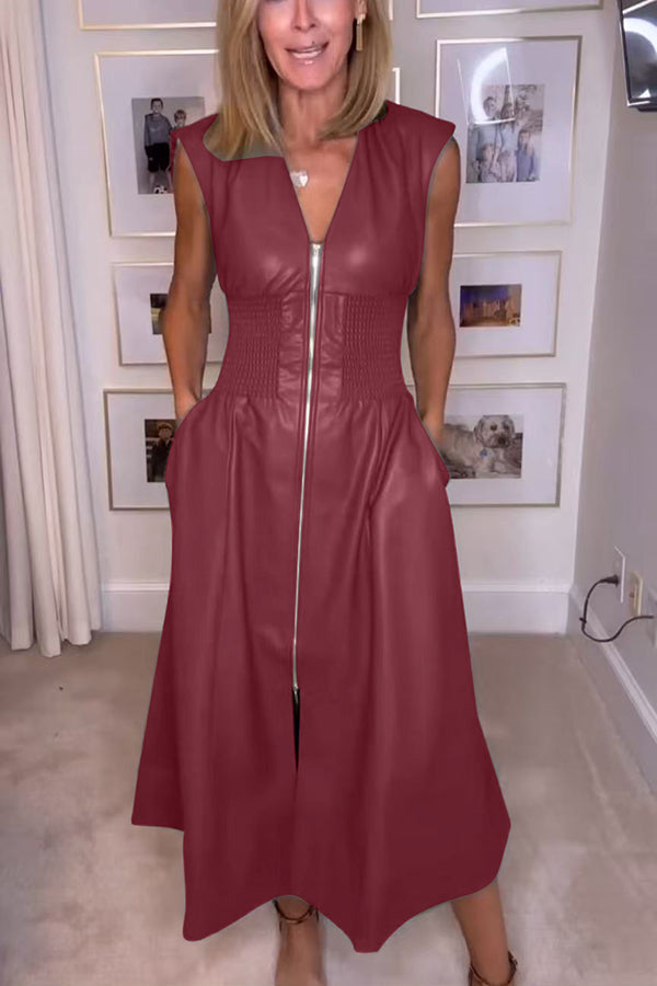 Elara™ | Élégante Robe Midi en Similicuir