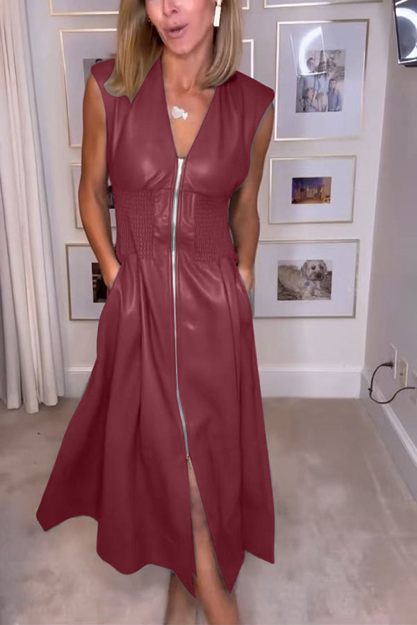 Elara™ | Élégante Robe Midi en Similicuir