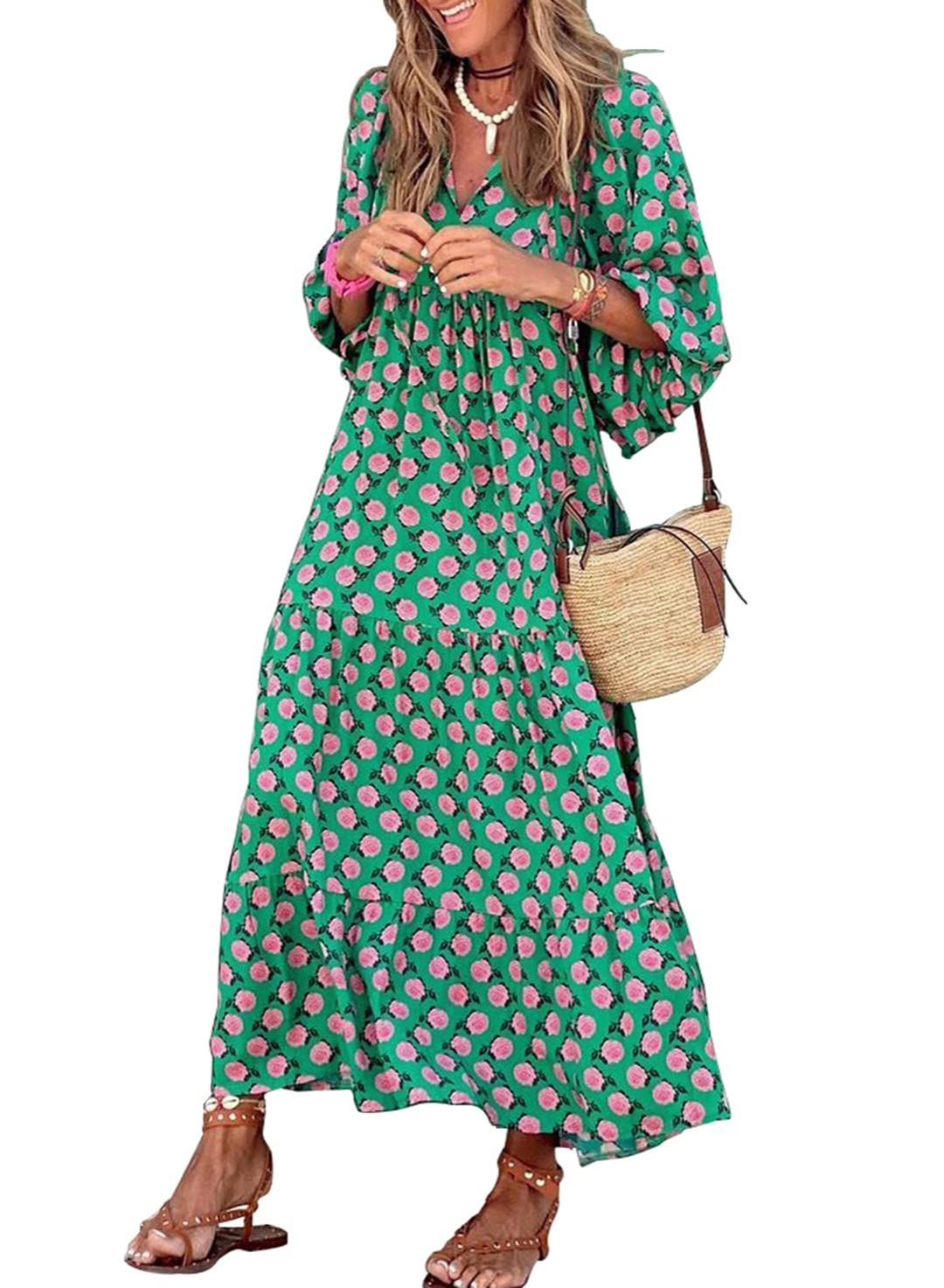 Nala™ | Robe Maxi Florale à Manches Bouffantes