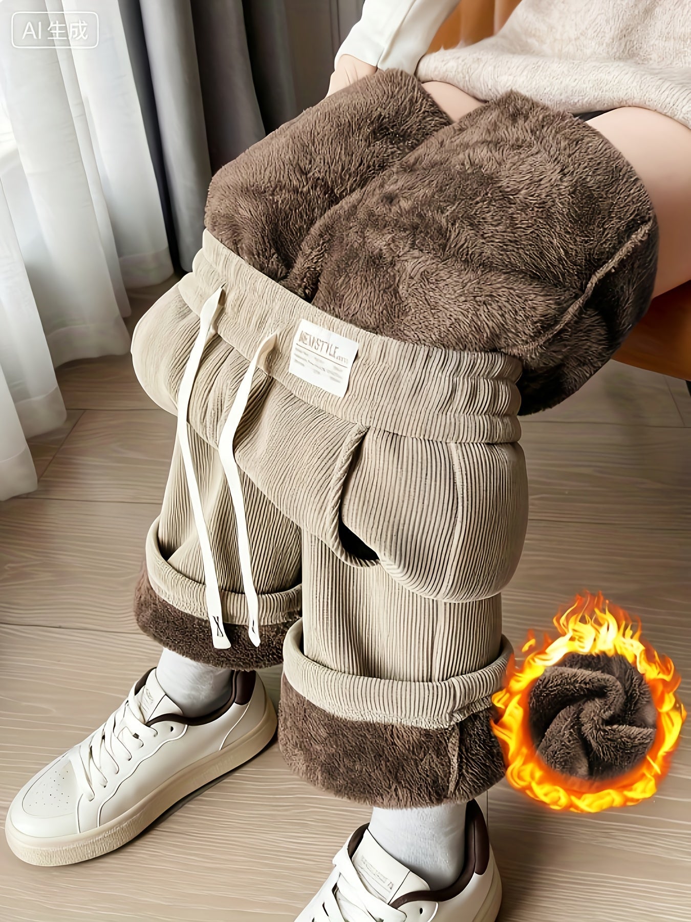 Cerelia™ | Pantalon large côtelé doublé polaire