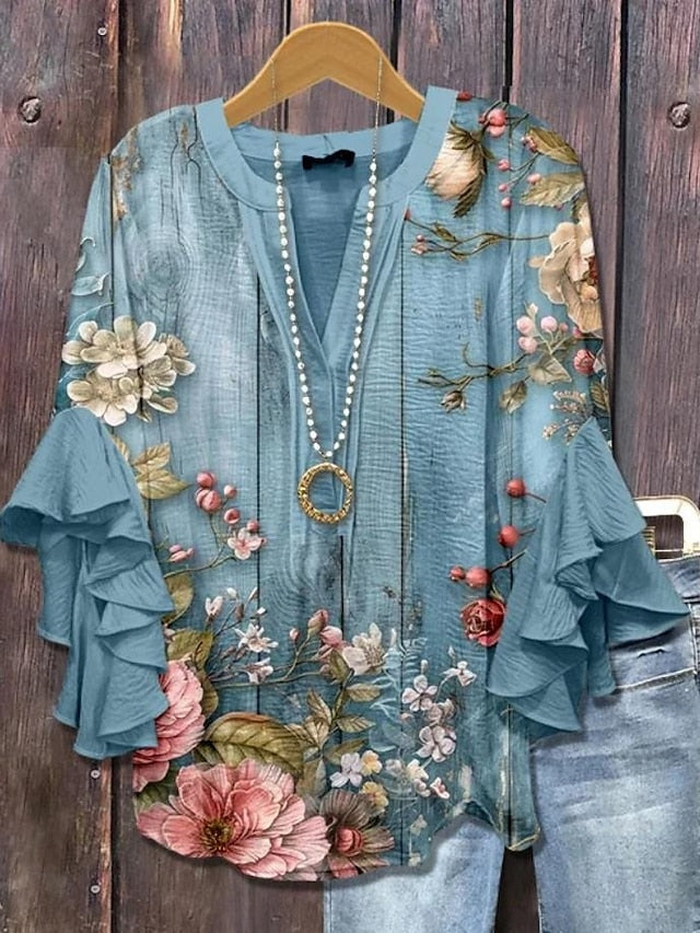 Claire™ | Haut Floral Élégant à Col V